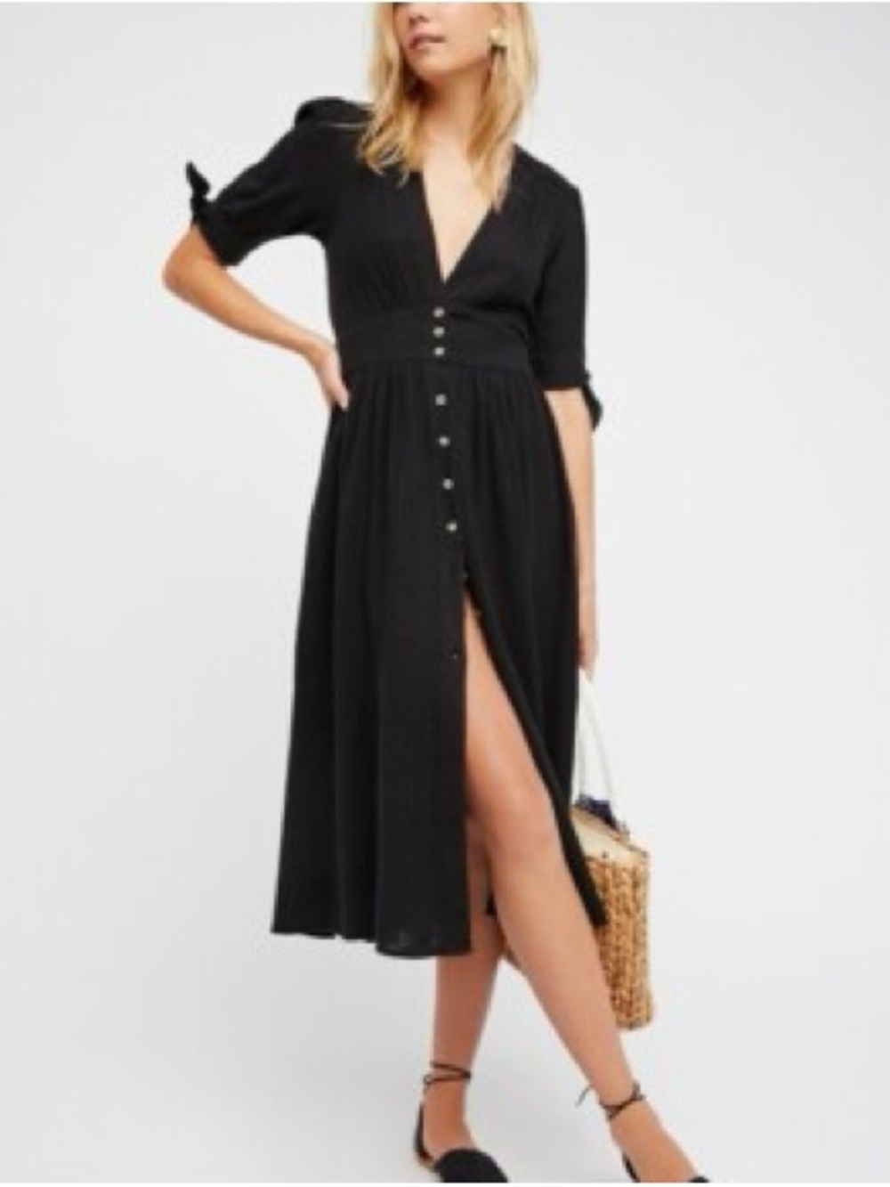 Free People Love of My Life Midi Dress Off Black 100% Cotton Size Medium - Picture 6 of 8